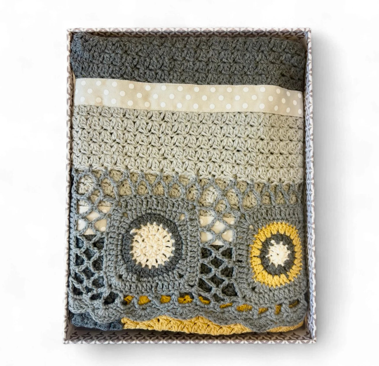 And The Little Dog laughed-Dusty grey and mustard hand crochet blanket