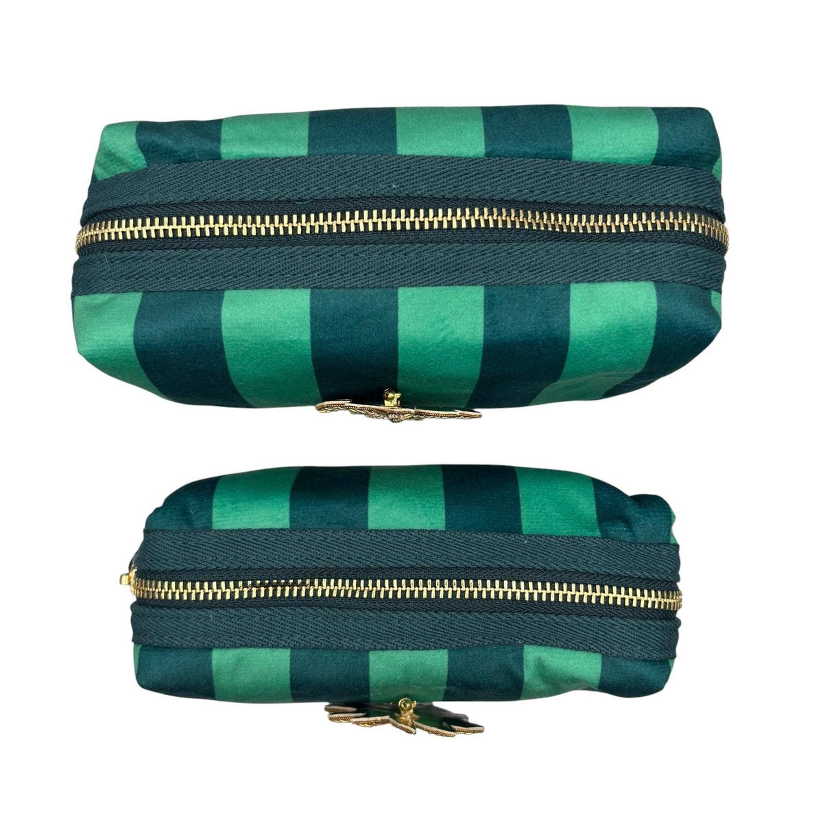 Teal stripe makeup bag with Croissant brooch (two sizes): Large
