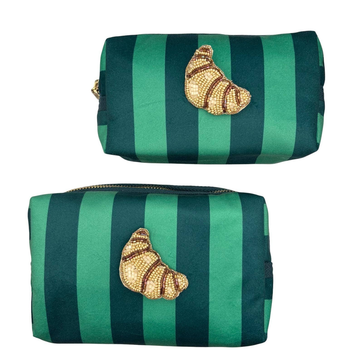 Teal stripe makeup bag with Croissant brooch (two sizes): Large