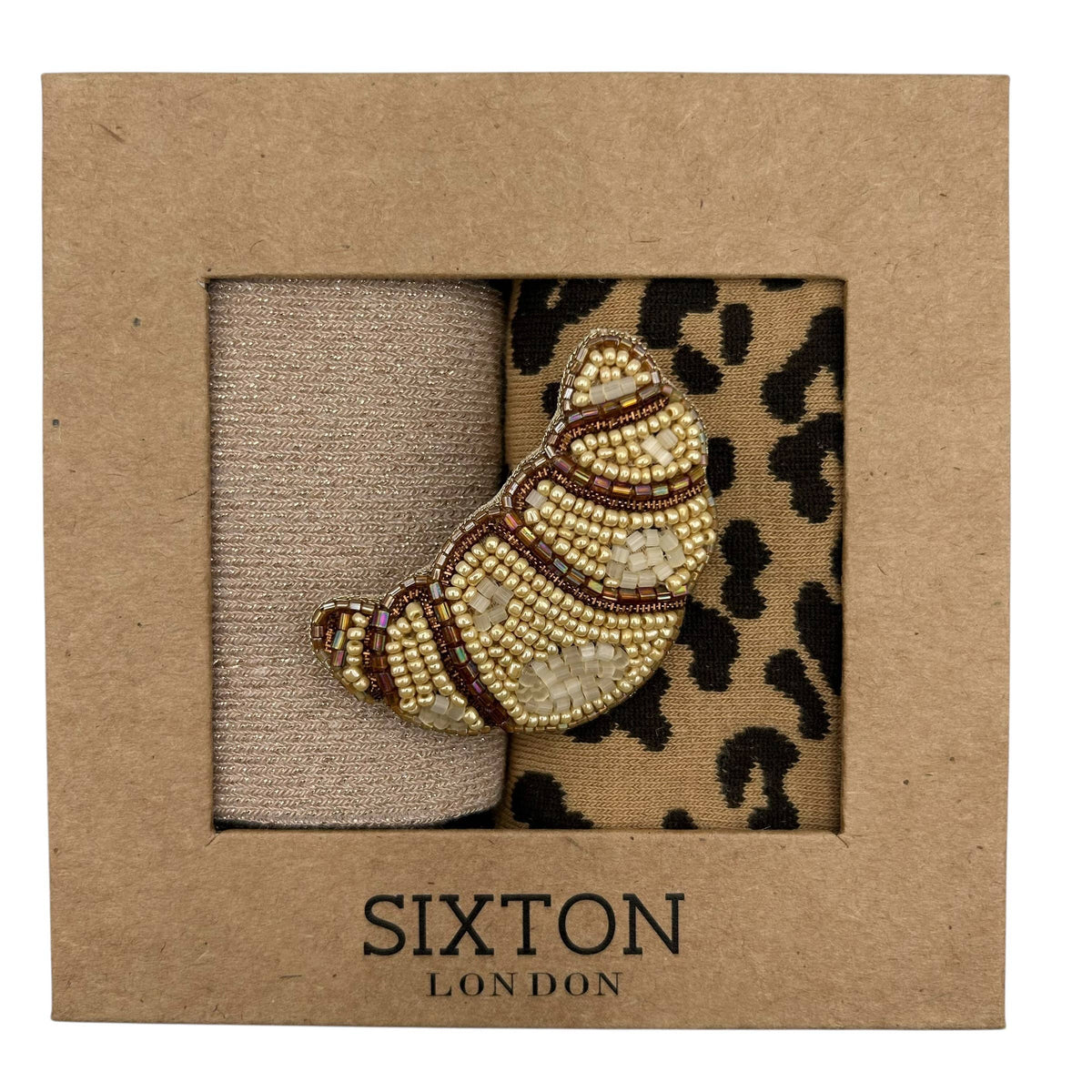 Champagne Vegas & Leopard sock box duo with Croissant pin
