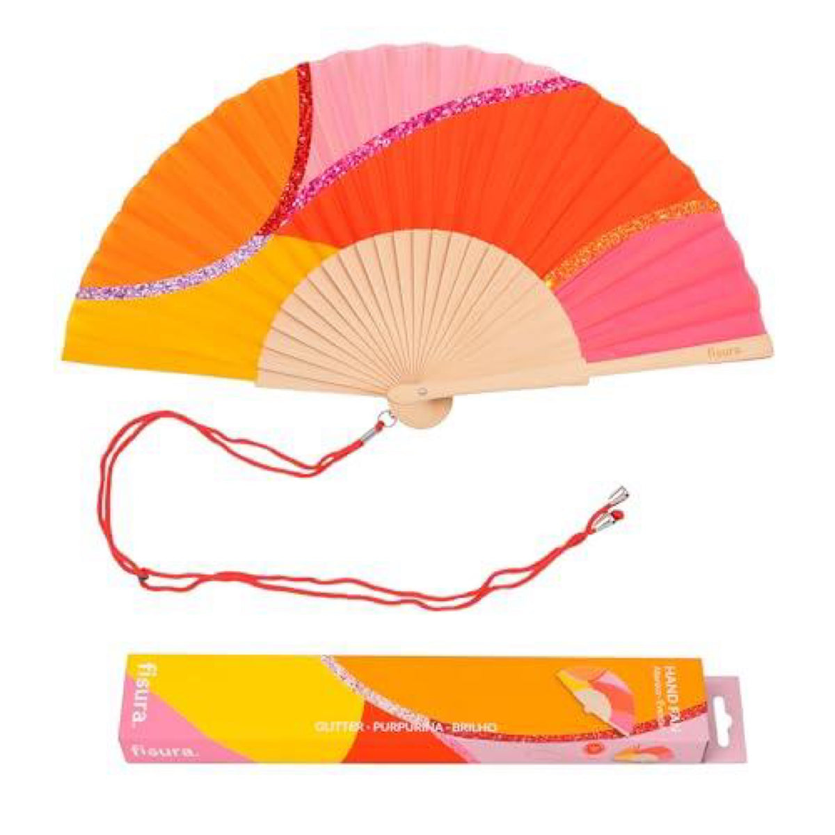 Fisura – Original Wave Print Folding Fan, Modern and Colourful Folding Handheld Fan, Multicolour Glitter Design for Wedding, Rave, Festival