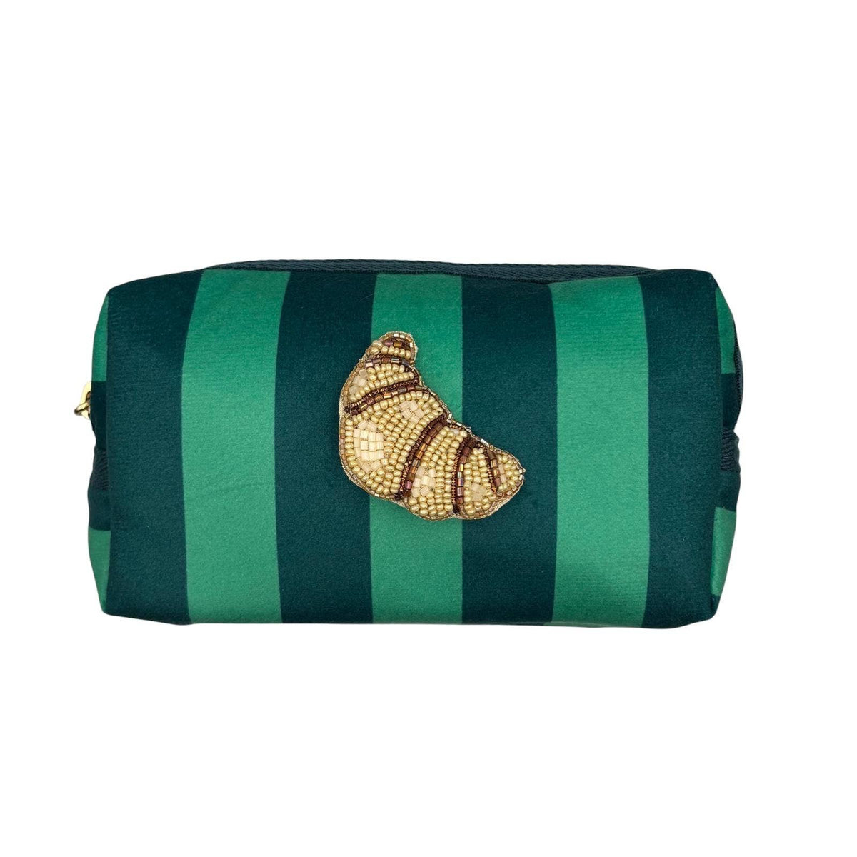 Teal stripe makeup bag with Croissant brooch (two sizes): Large