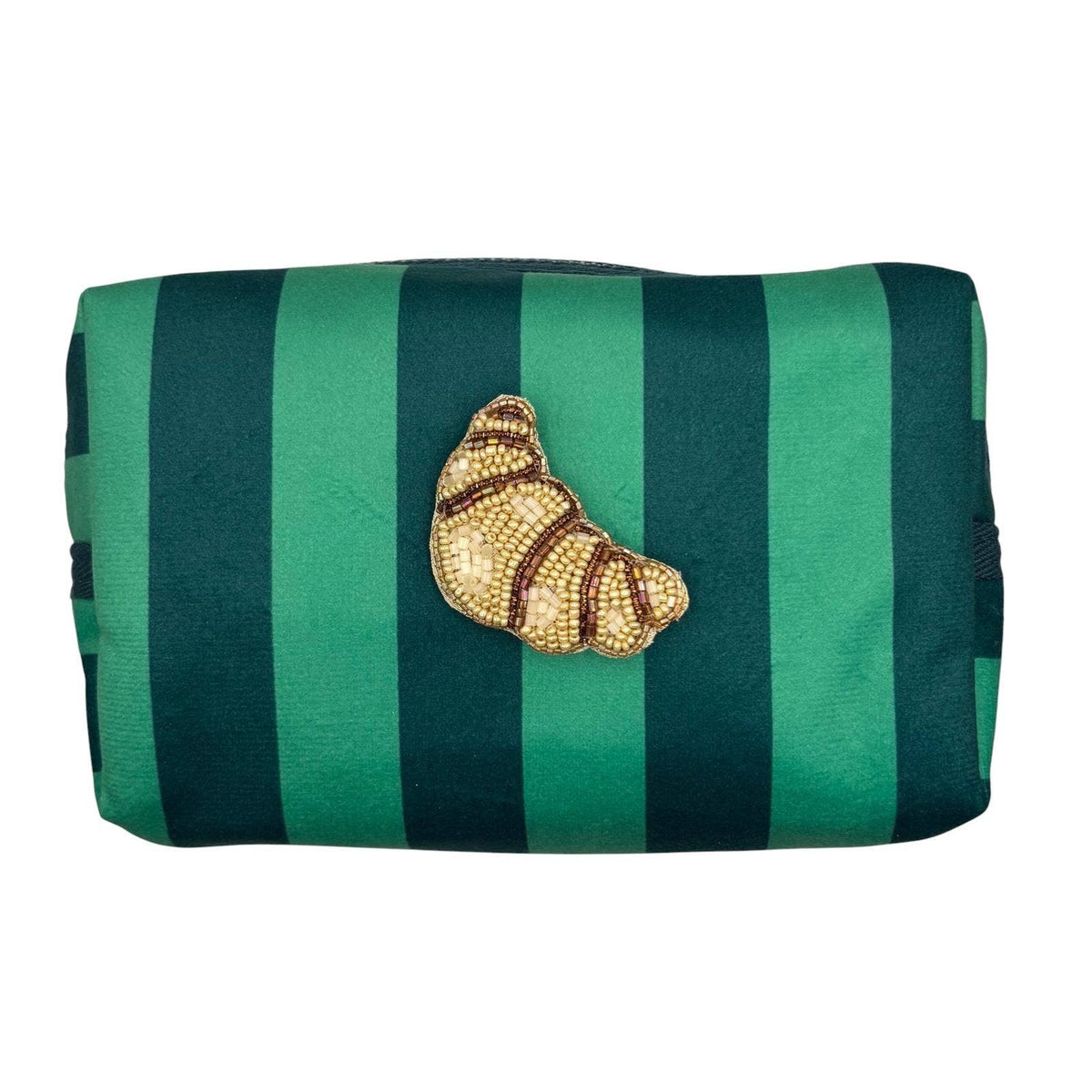 Teal stripe makeup bag with Croissant brooch (two sizes): Large